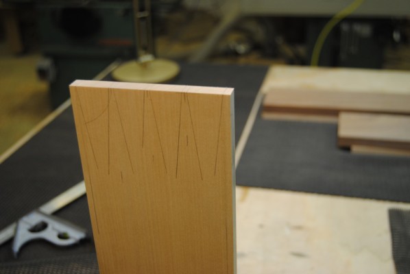 Dovetail pins marked out ready for cutting