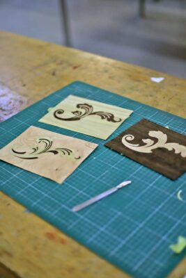 A photo from the Marquetry Course at Farnham School of Furniture Making. It shows some detailed marquetry.